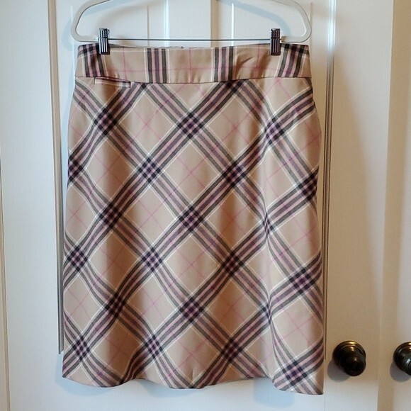 LANDS' END NOVA CHECK BRITISH PLAID WOOL A-LINE SKIRT TAN PINK BLACK SIZE 14 - Picture 1 of 11